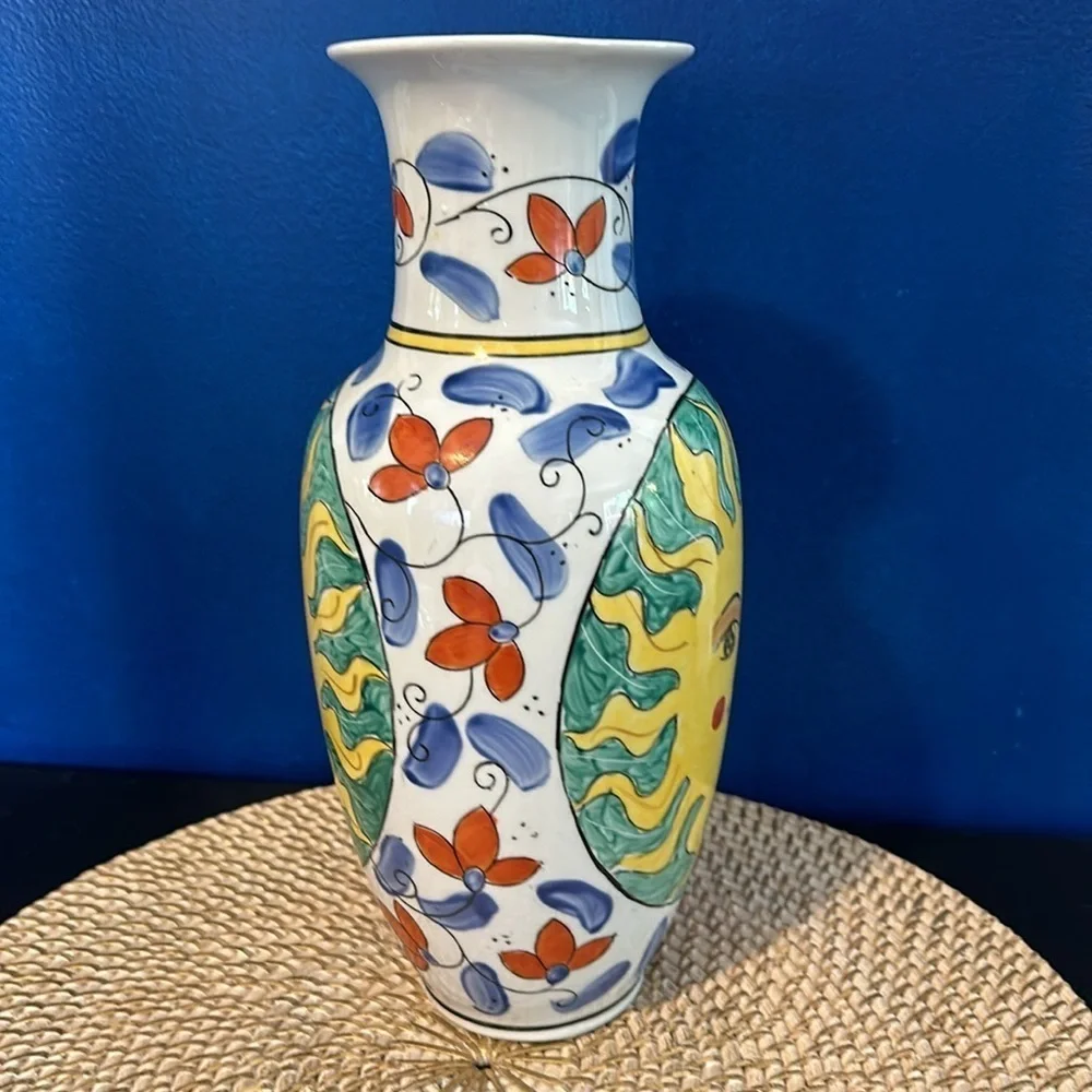 Vintage 60s Sunburst Hand Painted Ceramic Blue Yellow World Bank Chinese Vase